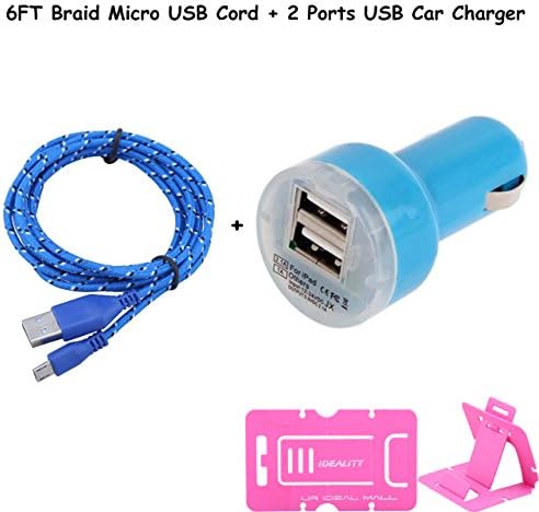 2 Pack of Ideality Dual 2 Ports USB Car Charger Adapter and 6ft Nylon Braided Micro USB Charging Cord for Samsung Galaxy S3 S4 HTC M9 M8 One X V Andriod Phones Charger Cord (Blue Car Charger+Cord)