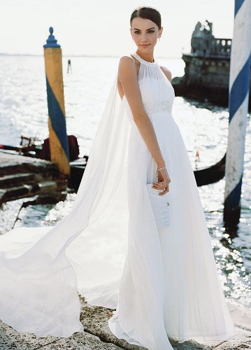 David's Bridal Wedding Dress: Chiffon slim gown with beaded empire waist and halter Style T9850, Ivory, 4P
