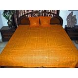 3p Yellow Gold Floral Embroidered Cotton Indian Bedspread Coverlet King
