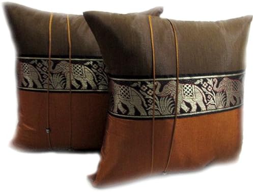(DOUBLE) 2 BEAUTIFUL BIG ELEPHANT THROW CUSHION COVER/PILLOW CASE HANDMADE BY THAI SILK AND COTTON