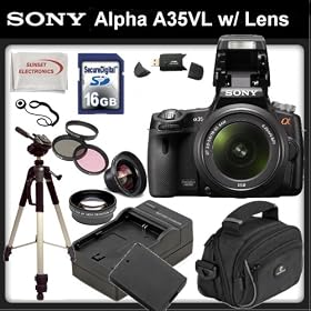 Sony Alpha SLT-A35 16 MP Digital SLR Kit with Translucent Mirror Technology and 18-55mm Lens + SSE Gift Package, Includes: 16GB SDHC Memory Card, 0.45X Wide Angle Lens, 2x Telephoto Lens, 3 Piece Filter Kit, Carrying Case, Extra Replacement Battery, Travel Charger and much more
