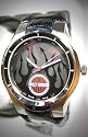 Harley-Davidson&reg; Men's Bulova Watch, Dark gray dial with reflective black and red flame design. Luminous hands. Stainless steel case. Screw back. Black leather strap. WR50m/165ft, Men's 76A16