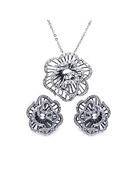 Nickel Free Sterling Silver Pendant & Earring Sets CZ Outline Flower Set Pendant Diameter: 33mm Earring Diameter: 21.85mm