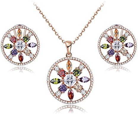 Rose Gold Circle Style Colorful Austrian Crystal Studs Earring and Pendant Necklace Set
