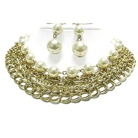 Multi Strand Gold Chain and Pearl Necklace Earring Set