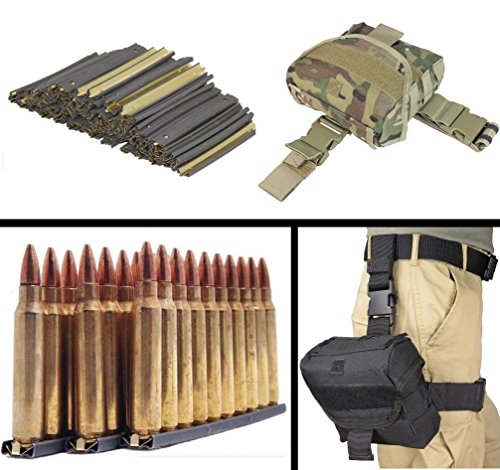 USGI 50 Pack .223 5.56mm 10 RD Round Military Mil-Spec Reusable Easy Reload Stripper Clips Brass Insert, USA MADE + TACCAM Terrain Camo MOLLE Dump Ammo Magazine Pouch Drop Leg Dropleg