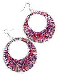 Fuchsia & Purple Seed Beaded Circle Hoop Earrings Fashion Jewelry