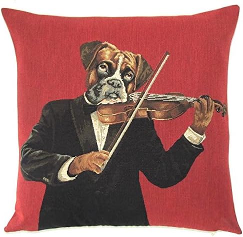 Belgian Tapestry Throw Pillow Cushion Cover Boxer Dog playing violin