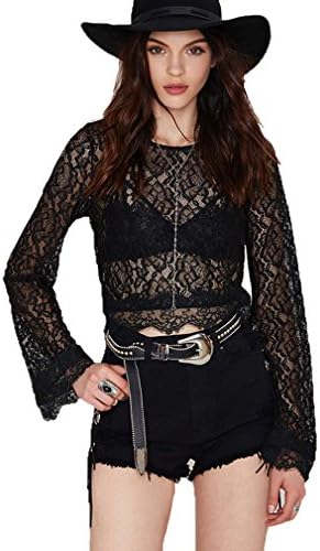 Oure Women Retro Delicate Crochet Lace Hem Perspective Flared Sleeve T-Shirt Crop Top Xs