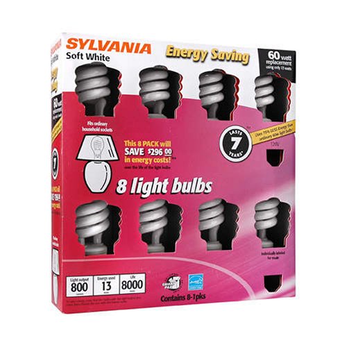 8-Pack Sylvania 60 watt equiv CFL Compact Flourescent Light Bulbs