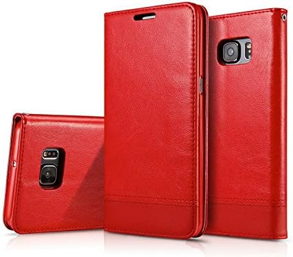 Galaxy S7 Edge Case, Soft Inner 2 Cards Holder Flip Stand with Magnetic Closure Wallet Cover + Screen Protector For Samsung Galaxy S7 Edge (Red）