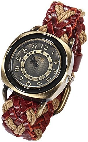 BlueVega Fashion Manual Braided ?Leather Strap Rope Bracelet Watch for Women and Men-Red