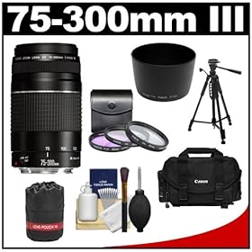 Canon EF 75-300mm f/4-5.6 III Zoom Lens + Canon 2400 Case + 3 UV/FLD/CPL Filters & Lens Hood & Pouch + Tripod + Accessory Kit for EOS 60D, 7D, 5D Mark II III, Rebel T3, T3i, T4i Digital SLR Cameras