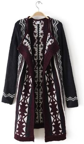 Fashion Lady's Black Knitwear Montage Vintage Geometric Pattern Women Long Cardigans All-match Sweater