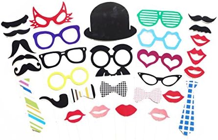 ETSYG 31pcs DIY Wedding Props on a Stick Photo Hat Handlebar Mustache Lip Striped Long Tie Bow Tie Cigarette Holder Fox Style Glasses Family Party