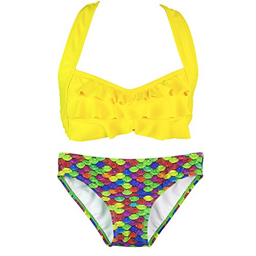 Fin Fun Mermaid Girls Sea Wave Bikini Set, Yellow Top, Rainbow Reef Bottom, Medium