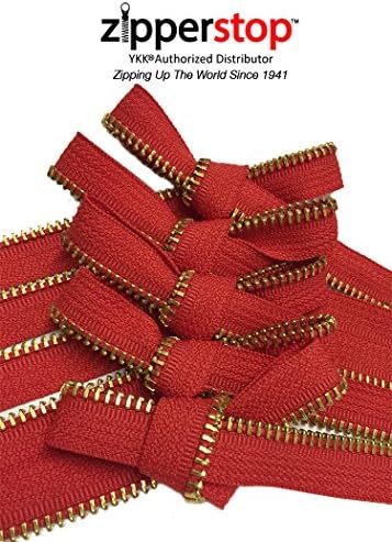 Zipperstop's Classic Brass Zipper Accents 24pcs 15 Inch Crafter's Special - Made in USA YKK #5 Brass Teeth Zipper Consisting of 5 Color#820 Atom Red