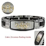 Floating Cubic Zirconia Black Cross Link Stainless Steel Cuff Bracelet