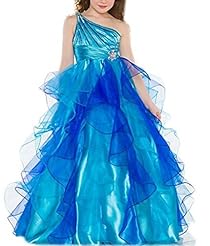Girls  Lace Crystal One Shoulder Organza Floor Length  Ball Gown Pageant Dress 