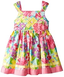 Girls Floral Print Cotton Pleated Shirred  Dress With a Ribbon 