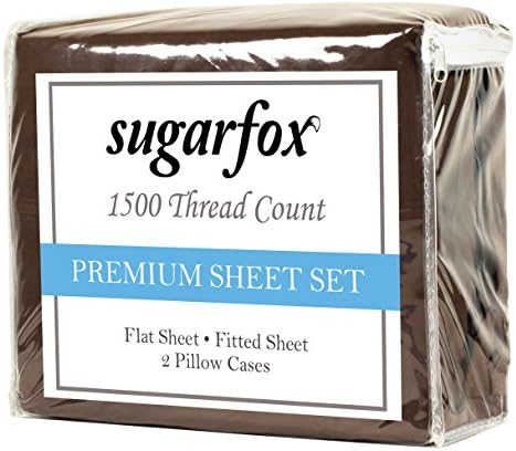 SugarFox Brushed Microfiber 1500 Thread Count 4-Piece Bed Set - Egyptian Style Sheets &amp; Pillowcases - Hypoallergenic &amp; Wrinkle Fade Stain Resistant (Chocolate Color &amp; Queen Size) [24 Month Warranty]