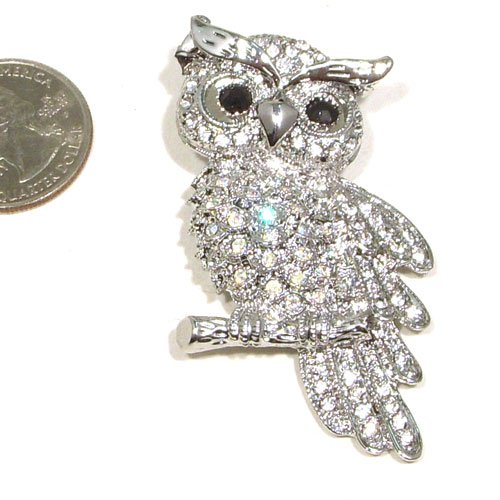 Clear Austrian Rhinestone Owl Bird Silver-Plated Brooch Pin | Pendant