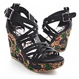 511zGR6t AL. SL160  Floral Black Faux Leather Strappy Platform Wedge Sandal
