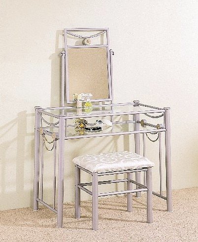 Pewter Finish Metal Medallion & Rope Motif Vanity Stool/Bench MirrorTable Set
