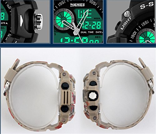 Sports Watches 2 Time Zone Digital Quartz Watch Waterproof LED Electronic Men's Military Wrist Watch Camouflage Green
