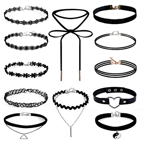 Caydo 12 Pieces Black Choker Necklace Lace Choker Tattoo Necklace for Women and Girls