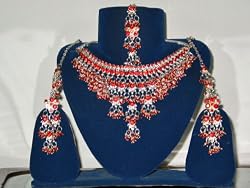 Bollywood Jewelry Kundan Antique Silver Finish Red Kundan Stones 4pc Set Clearance