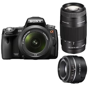Sony Alpha SLT-A33/L DSLR with Translucent Mirror Technology and 3D Sweep Panorama and 18-55mm F3.5-5.6 Lens with Sony SAL75300 Zoom Lens and SAL35F18 Wide Angle Lens