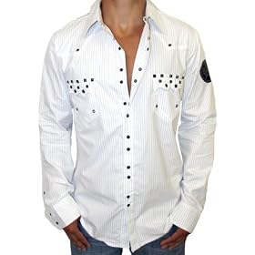 BLAC LABEL Mens Urban Fashion Studded Causal Woven Button Front Top Dress Shirt White