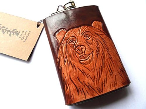 Leather Flask - Grizzly Bear Flask - 8 oz Stainless Steel - Hand tooled, Hand stained, Hand Punched