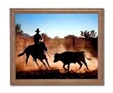 Cowboy On Cutting Horse Chasing Steer Home Decor Wall Picture Oak Framed Art Print