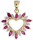 14ct Gold 13/16 (21mm) tall Fancy Heart Pendant, w/ 1.25 Total Carat Brilliant Cut Diamonds & Marquise Cut Ruby Stones