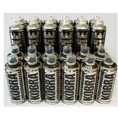 KOBRA Aerosol Spray Paint Pack 4: 12 Matt Black cans (400ml) and 12 Krome cans (600ml).