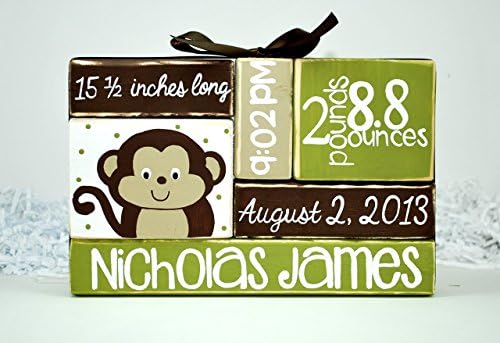 Monkey Jungle Nursery Baby Birth Stat WoodenBlock Shelf Sitter Stack