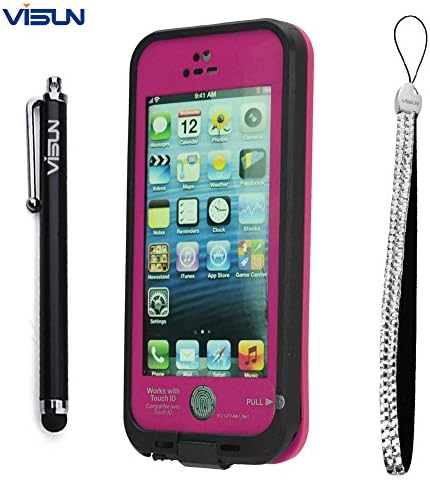 VISUN™ Waterproof Shockproof Fingerprint Scanner Full Case Cover Bundle with Touch Pen and Rhinestone Hand Wrist Strap for Apple Iphone 5 5S (Rose Red)