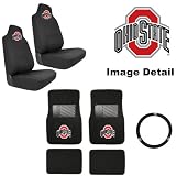 7PC OSU Ohio State University Buckeyes Car Truck SUV Front & Rear Seat Carpet Floor Mats w/ Universal-Fit Bucket Seat Covers & Steering Wheel Cover Auto Accessories Interior Combo Kit Gift Set