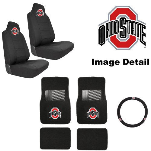 7PC OSU Ohio State University Buckeyes Car Truck SUV Front & Rear Seat Carpet Floor Mats w/ Universal-Fit Bucket Seat Covers & Steering Wheel Cover Auto Accessories Interior Combo Kit Gift Set