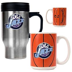 Utah Jazz NBA Stainless Steel Travel Mug & Gameball Ceramic Mug Set - Primary Logo by Great American Products