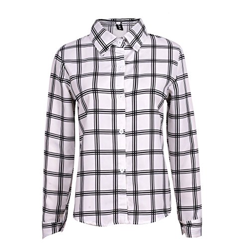 Shouhengda Women Chiffon Lapel V-Neck Blouse Plaid Button Down Tops