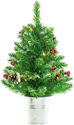 24in Pre-lit Decorated Tree in Silver Metal Pot w/ 15 Ul Clear Lights