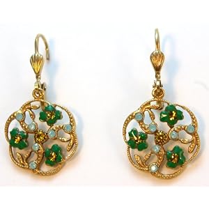 Click here to buy 14k Gold Filigree Earrings with Green Enamel Flowers and Swarovski Crystal Accents By Catherine....