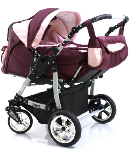 ADBOR Twin Pram DUO + 2xCar Seat No.9 dark purple / pink ADBOR Twin Pram DUO + 2xCar Seat No.9 dark purple / pink