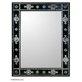 Teak mirror, 'Ebony Jewels' by Novica