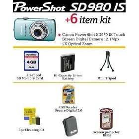 Canon PowerShot SD980 IS 12.1MP Digital Camera Blue With Essential Powershot Accessory Package Includes 4GB Memory, Spare Battery,Tripod + More