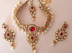 Necklaces - Red Kundan & Pearl Bridal Choker Set