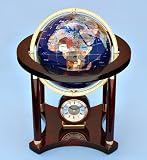Large Gemstone Globe and Quartz Clock on Mahogany Stand
